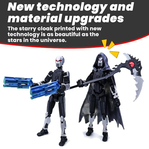 T13 3D Printed Action Figure Set, Articulated Poseable Robot with Death Scythe, Cape and Weapon Accessories, Pre-Assembled for Stop Motion.Dummy 13 (Gray-Black) - color: Gray Black
