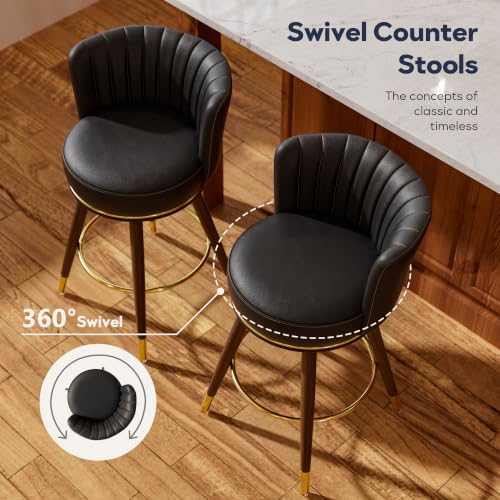 24 Inch Black Leather Swivel Counter Bar Stools Set of 2 | Upholstered pleated backs, wood legs, gold footrests, 300lbs capacity swivel chairs for home kitchen islands - color: Black, size: 24" Counter Height-2 Pieces