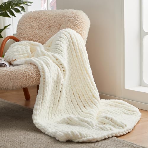 Amélie Home Chenille Chunky Knit Throw Blanket for Couch 60"x80", Ivory | Handmade Chenille Crochet Throw for Sofa Bed, Thick Cable Knitted Blankets for Room Home Decor, Birthday Gift for Women - color: Ivory, size: 60"x80"