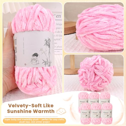 Velvet Chenille Yarn Bulky Yarn for Crocheting, 6 Pack (Pink) | Each Big Skein 100g/3.5oz, Total 525Yards, #5 Fluffy Chunky Yarn, 100% Polyester, for Blankets, Scarves & Crafts - color: Pink