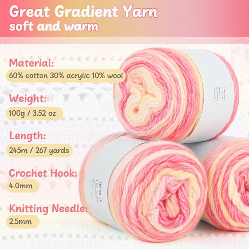 Aeelike Cake Yarn for Crocheting, Soft Ombre Crochet Yarn, Pink Yellow | 6 PCS #3 Light weight 100g(3.52oz) 245m( 267yards), 60% Cotton Blend Gradient Yarn for Blanket Scarves DIY Crafts, Ideal Gift - color: Pink Yellow Gradient, size: 6 pcs