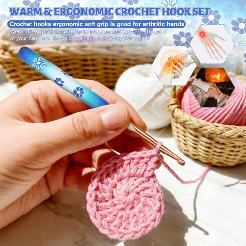 Coopay Warm Crochet Hooks Comfort Grip Longer Aluminum Crochet Hook Set | 9pcs 2.0mm-6.0mm(B-J) Smooth Crochets Needles Set for Crocheting, Blue Flower Soft Handle for Beginners and Arthritic Gifts - color: Blue Flower