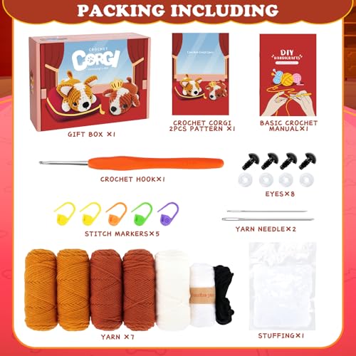 Fortuning's JDS Crochet Kit for Beginners, 2 PCS Corgi Crochet Kits | w/ Step-by-Step Video Tutorials, Beginner Crochet Kit for Adults, Crochet Animal Kit, Dog Knitting Kit Gifts Valentine's Day - color: Brown Yellow Corgi Set