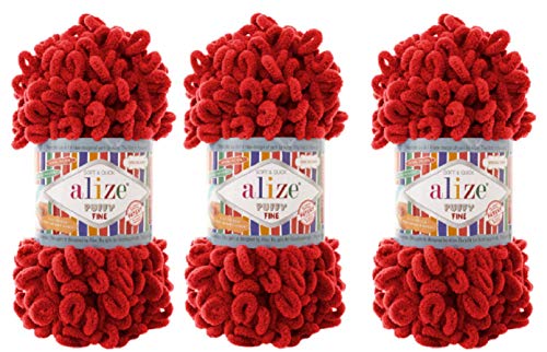 Alize Puffy Fine Yarn Baby Blanket Yarn Lot of 3skn 300gr 48yds 100% Micropolyester Soft Yarn Hand Knitting Yarn Super Chunky Bulky Woven Worested Yarn (56) - color: 56