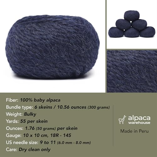 100% Baby Alpaca Yarn 6 Skeins 300g Bulky Weight Knitting Crochet Blue Jean | Made in Peru with natural warmth and softness featuring 324yd of premium fiber ideal for scarves shawls sweaters and more - color: Blue Jean, size: Bulky - 6 Skeins