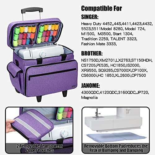 Teamoy Rolling Sewing Machine Case with Wheels, Purple | Compatible with Singer, Brother and Most Majority Machines and Accessories, with Detachable Wheels and Bottom Wooden Pad - color: Purple