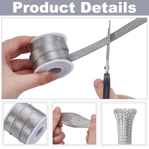 UNICRAFTALE 304 Stainless Steel Expandable Braided Cable Sleeve Knitting Scalable Network Ribbon Flat Cable Sleeve Cord Protector Wire Loom Tubing for Protect Cables 4m/roll (Pack of 2) - size: 4m x 12mm (Pack of 2)