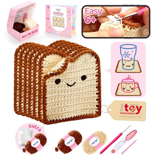 Mewaii Crochet Kit for Beginners, 6 Pack Toast Coaster Craft Set | 40% Extra Yarn, Video Tutorial, Pre-Started Piece, Beginner Friendly, Family Craft Gift for Adults & Kids - color: White