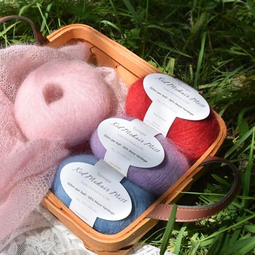 Kid-Silk Mohair Yarn, Lace Weight, 4 Balls 100g, 1420 yds | Yarnique Silk Feel Mohair Yarn | Featherlight Softness | Elegant Drape (22 Vivid Rose Red ) - color: 22 Vivid Rose Red