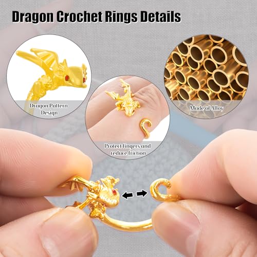 HUISUYTON Dragon Crochet Rings, 4Pcs Crochet Tension Rings | Adjustable Yarn Ring for Finger, Knitting Crochets Loop Ring for Women Mother Grandma Gifts - color: Colorful
