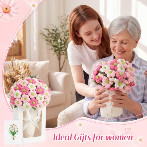 WovWeave Daisy Gifts Basket Set - 43.31 Inch Finished Flower Crochet Knitted Blanket Gift Bag Card Envelope Blanket for Her Mom Girlfriend Women Birthday Wedding Gifts Ideas - color: Pink White, size: 43.31 Inch, style: Daisy