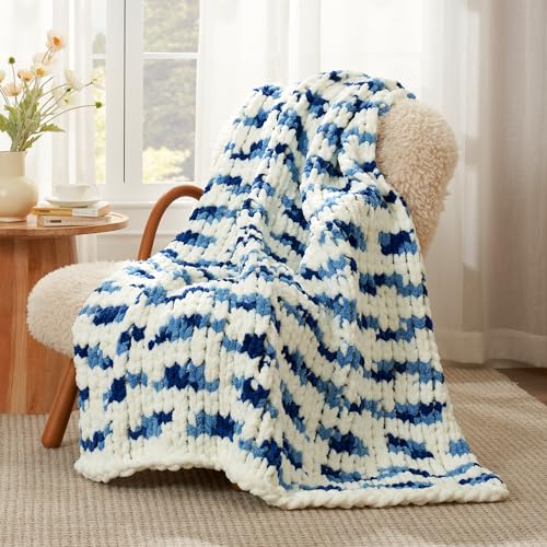 Chunky Knit Throw Blanket for Couch 50"x60", Space-Dyed Blue Striped | Handmade Chenille Crochet Throw for Sofa Bed, Thick Cable Knitted Blankets for Room Home Decor, Birthday Gift for Women - color: Blue/White Stripe, size: 50"x60"