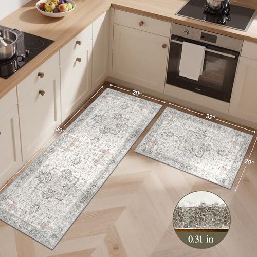 GENIMO Kitchen Rugs Set of 2, Washable Non Slip Cushioned Mats for Floor | 20"x32"&20"x59", Light Taupe Brown vintage boho rug, soft faux cashmere, easy-clean for laundry, entryway, sink, farmhouse - color: Light Taupe Brown, size: 20"x32"+20"x59"