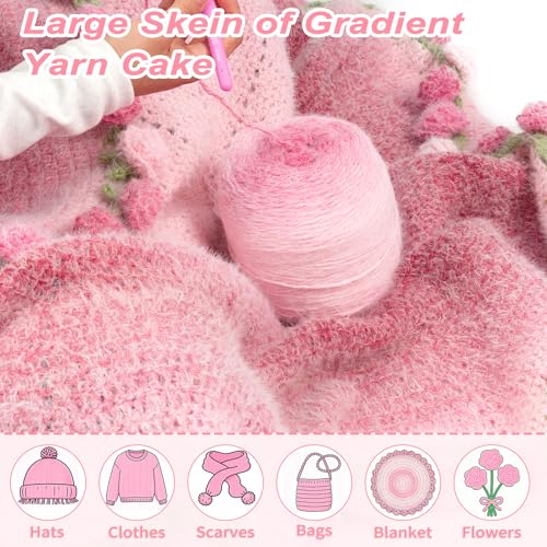 Alvian Ombre Crochet Cake Yarn for Crocheting, 2 Large Skeins Gradient Cake Yarn 200g (7.05 oz) 380m (415 Yards), Ombré Yarns Cake Rainbow Cotton Yarn for Blankets, Scarves, Shawls (Pink) - color: Pink