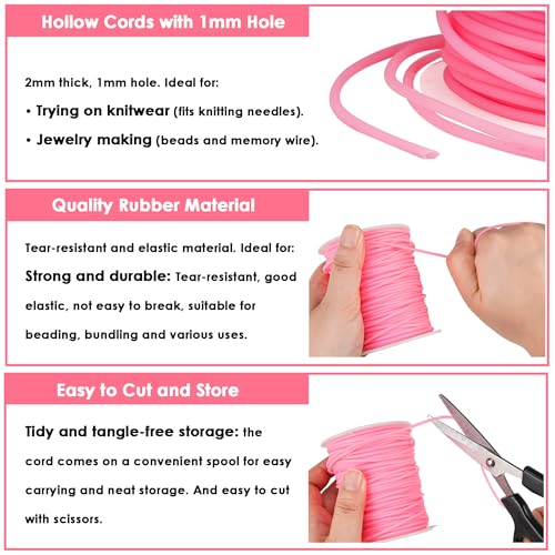Hollow Rubber Tube Cord 54 Yards 2mm Coralline Stitch Keeper with 1mm Hole | Tubing Knitting Barber Cord Rubber Saver Rubber Pipe with Spool for Knitting Projects Jewelry Making and Bead Creations - color: Coralline