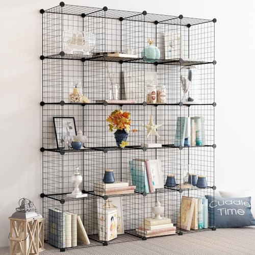 Wire Storage Cubes, Metal Storage Shelves Bookshelf, Stackable Modular Closet Organizer for Bedroom Living Room, Office, Black (20-Cube, Iron) - color: Iron, size: 20 Cubes