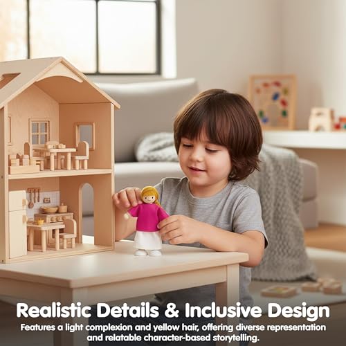 PlanToys® Mother Dollhouse Wooden Figurine Poseable 1:12 Scale 5-Inch Doll | mom character, doll house people accessories, bendable arms, kids pretend play, girls storytelling gift ages 3+ for boys - color: Caucasian Mom