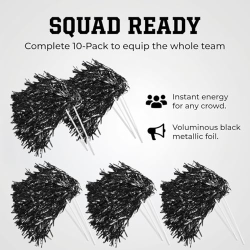 Anderson's Metallic Black Foil Textured School Spirit Shakers- Pack of 10 | Anderson's Premium Cheerleader Pom Poms, Football, Basketball, Homecoming, Team Party, Dance, Club, Performance, Celebration - color: Black