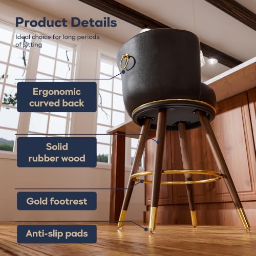 26 Inch Black Leather Swivel Counter Bar Stools Set of 2 | Upholstered pleated backs, wood legs, gold footrests, 300lbs capacity swivel chairs for home kitchen islands - color: Black, size: 26" Counter Height-2 Pieces
