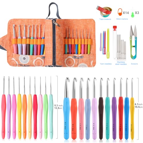 Vodiye 21 Sizes Ergonomic Crochet Hooks Set 0.5–10.0mm with Roll Bag, Soft Grip Crochet Needles for Crocheting Comfort - size: 21 Size (0.5–10.0mm) Roll Bag