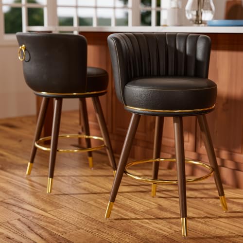26 Inch Black Leather Swivel Counter Bar Stools Set of 2 | Upholstered pleated backs, wood legs, gold footrests, 300lbs capacity swivel chairs for home kitchen islands - color: Black, size: 26" Counter Height-2 Pieces