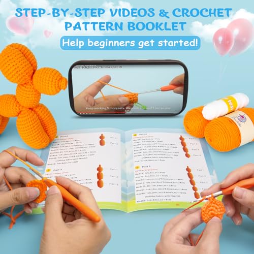Crochetta Crochet Kit for Beginners, Crochet Kit w Step-by-Step Video Tutorials, Crochet Starter Kit Learn to Crochet Kits for Adults Kids Beginners, Vibrant Orange Balloon Dog (40%+ Yarn Content) - color: CrochetBalloonDog