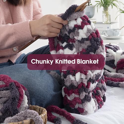 MABOZOO Tie Dye Chunky Yarn for Crocheting 8 Pack,Fluffy Jumbo Chenille Yarn,Soft Plush Yarn Bulky,Giant Thick Fuzzy Yarn for Hand Knitting or Arm Knitting,Purple Multi (26 yds,8 oz Each Skein) - color: Purple,Wine Red,White