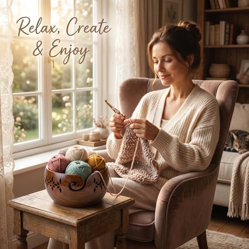 Rosewood Yarn Bowl with 13 Crochet Hooks Set – Handmade Wooden Knitting Bowl Holder with Spiral Slot, Large 7” Yarn Organizer, Complete Crochet Kit for Beginners & Professionals - color: Setof13+CarvedBowl