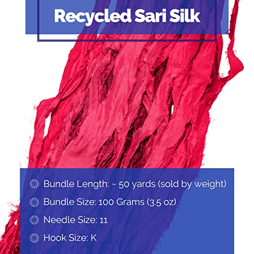 100% Recycled Saree (Sari) Silk Ribbon Yarn - Bulky Weight - 50 Yards per 100 Grams | Knitting & Crocheting | Jewelry Making, Gift Wrapping and Weaving (Maroon & Reds Mix) - color: Pink Pather