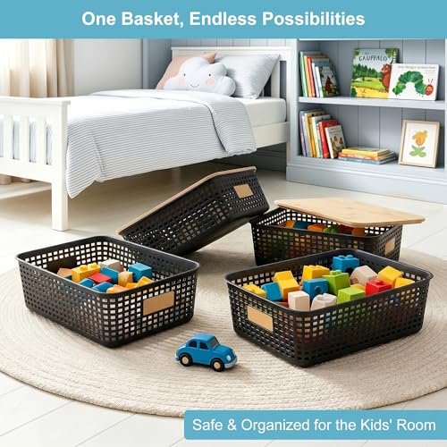 Bagnizer 4 Pack Plastic Storage Bins with Bamboo Lids, 6.2qt Stackable Storage Organizer Box with Lable for Pantry Shelves Drawers Desktop Office, 12"L x 8.3"W x 3.5"H, Black - color: Black, size: Shallow- 4 Pack