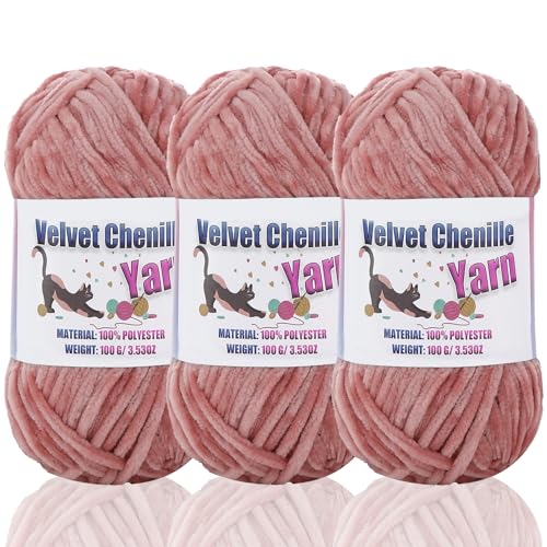3 * 100g Fluffy Velvet Chenille Yarn for Crocheting and Knitting, Handcrafts Weaving Soft Chenille Yarn for Crocheting Clearance, Used for Making Baby Yarn Blanket, Clothes (3 - Peach) - color: 3 - Peach