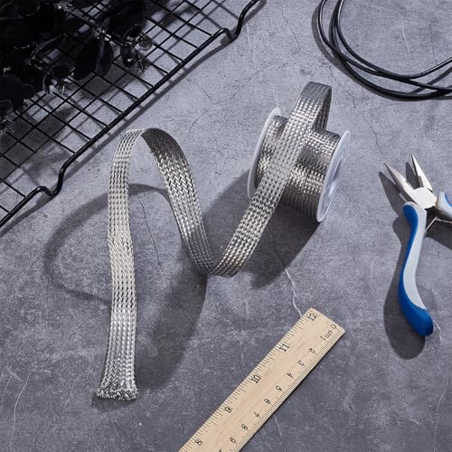 UNICRAFTALE 304 Stainless Steel Expandable Braided Cable Sleeve Knitting Scalable Network Ribbon Flat Cable Sleeve Cord Protector Wire Loom Tubing for Protect Cables 4m/roll (Pack of 2) - size: 4m x 12mm (Pack of 2)