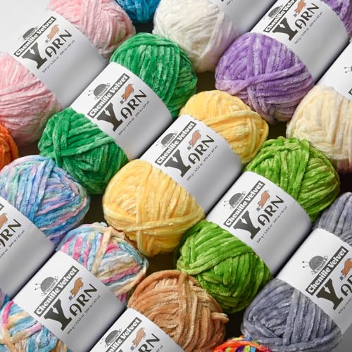Chenille Crochet Christmas Green Yarn 3 Pack | Fluffy Velvet Yarn Blanket Knitting Yarn for Crocheting Soft Baby Yarn - color: 3 Christmas Green
