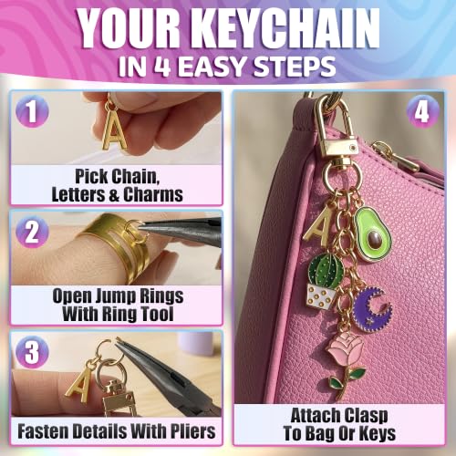 AZZORI Lip Gloss Keychain Making Kit, 284 Pcs, Plier & Ring Opener | Bag Charm Making Kit: 66 Cherry, Heart, Star, Pearl Bow, Fruit Charms, 26 A-Z Letters, Lobster Clasps; Gift-Ready in Zip Bags - color: Keychain Kit - 283 Pcs