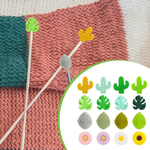 16pcs Knitting Needle Stoppers, Silicone Needle Point Protectors Daisy Leaf Cactus Monstera Silicone Focal Beads Knitting Supplies Accessories for Crafts Necklace Bracelet