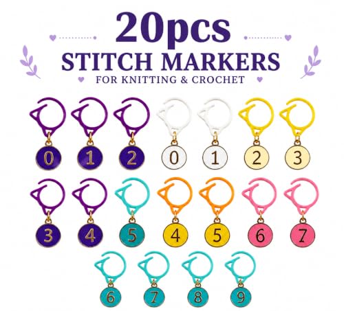 20 PCS Numbered Stitch Markers, Cat Crochet Markers 0-9 | Count rows and track patterns easily with cute enamel markers and clear numbers for crochet and knitting projects. - color: Purple and Green