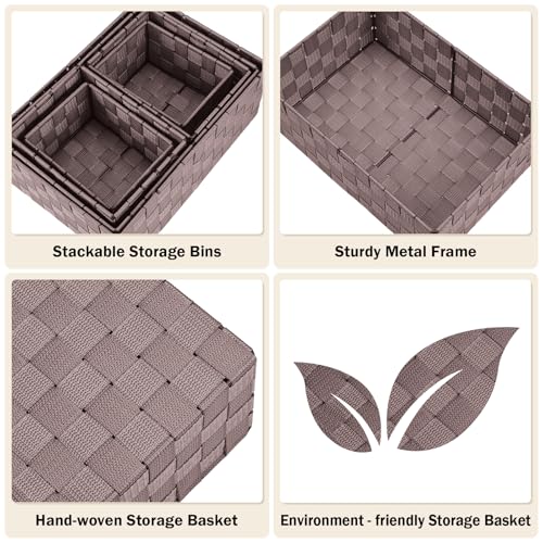 Storage Baskets: 6 Pack Stackable Woven Storage Bins, Brown | Decorative Woven Baskets for Organizing with Built-In Handles for Shelves, Closets, Cabinets and Cubbies, Gift Small Basket - color: Brown, size: 6 pack