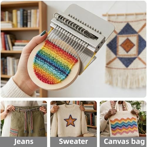 Patch Maker 2.0 Darning Loom Kit for Beginners, Portable Handcraft DIY Knit Patch Repair Tool, Quick Mending Weaving Set for Holes, Worn Spots & Stains on Jeans, Socks & Clothes (14 Hooks)