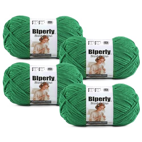 Skinny Chenille Yarn for Crocheting #2 Green Thin Baby Blanket Plush Yarn | 4 Pack of 158 Yds, 1.7 Oz Sport Fingering Weight Fine Yarn, Soft Fluffy Velvet Yarn for Crochet knitting Blankets, Amigurumi - color: Dark Green