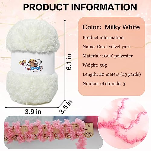 6 PCS Soft Coral Velvet Chenille Yarn for Crocheting,Fluffy Yarn for Knitting and Crochet DIY Craft,Warm Crochet for Bag Hat Scarve Gloves Slippers Dolls(Milky) - color: milky