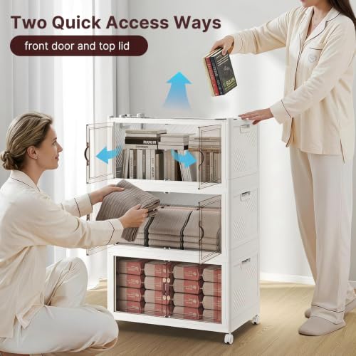 UAMFURI Stackable Storage Bins with Lids, 330QT Lockable Storage Cabinet | Closet Organizers, Foldable Storage Box with Doors and Wheels, Plastic Drawers for Home, Garage, Office (3, White, Plus) - color: White, size: Plus