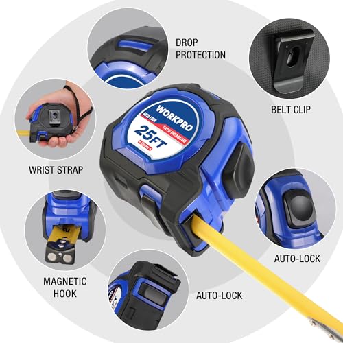 WORKPRO 25FT Auto-Lock Tape Measure, 1/8 Fractions Measuring Tape | Double Retract Easy Read Measurement Tape Accuracy 1/32 for Engineer,with Magnetic Hook, Rubber Protective Casing - color: Blue, size: 7.6 m