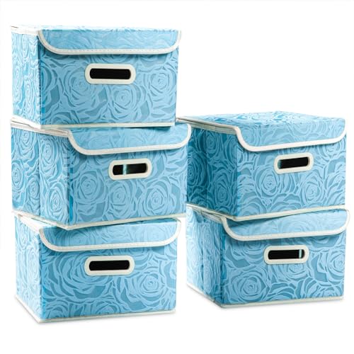 PRANDOM Collapsible Storage Boxes with Lids [5-Pack] Fabric Decorative Storage Bins Cubes Organizer Containers Baskets with Cover Handles Divider for Bedroom Closet Living Room Blue 9.8x7.9x6.7 Inch - color: Blue, size: Small(5-Pack)