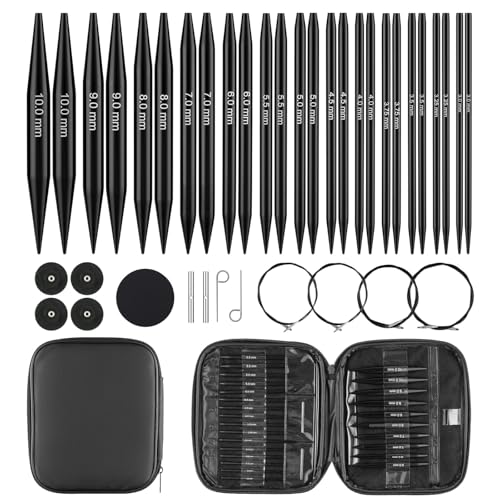 13-Pair Interchangeable Circular Knitting Needles Set, 4" Aluminum US 2.5-15 (3-10mm) with 4 Cables & Accessories | Ideal Gift for Knitters & DIY Projects - color: Black