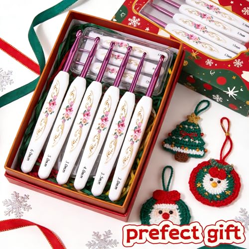 Crochet Hooks Needles,16 Pcs Cute Needles for Arthritic Hands,Extra Long Chinese Style Crochet Hook Set Flower Pattern Ergonomic Soft Grips Knitting Hook for Crochet Yarn Craft (Pink)