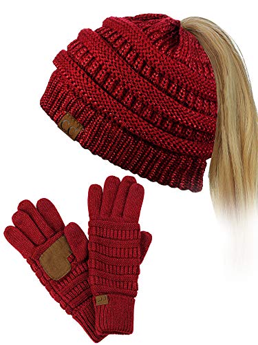 C.C BeanieTail Messy High Bun Cable Knit Beanie and Anti-Slip Touchscreen Gloves Set - color: Burgundy Metallic