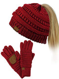 C.C BeanieTail Messy High Bun Cable Knit Beanie and Anti-Slip Touchscreen Gloves Set - color: Burgundy Metallic