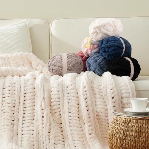 White Jumbo Chunky Chenille Yarn for Crocheting, Thick Plush Yarn for Hand Knitting Blankets, Super Soft Bulky Yarn for DIY Projects, 2 Jumbo Pack - color: white
