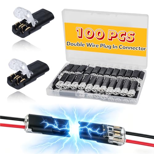 100 Pcs 2-Pin Wire Connectors, Locking Buckle, No Stripping, For LED Lights | Accepts Bare/Solid Wires, Low-Voltage DIY Use, Finger-Press Snap Closure, Steady Dual-Wire Contact