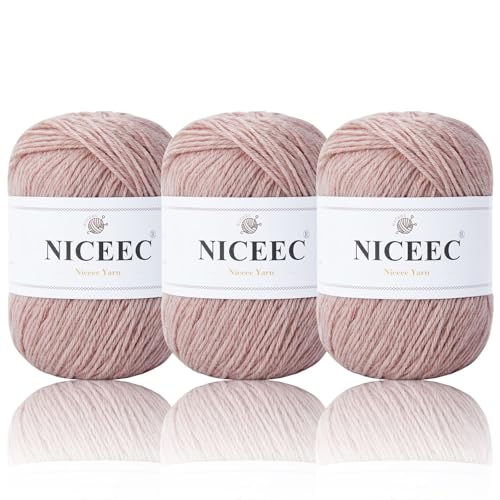 NICEEC 3 Skeins Soft Merino Wool Yarn- PalePink | Soft & Warm, Finger Weight, Woolen Yarn for Crochet & Knitting, Total 5.3oz/606yds - color: Pale Pink